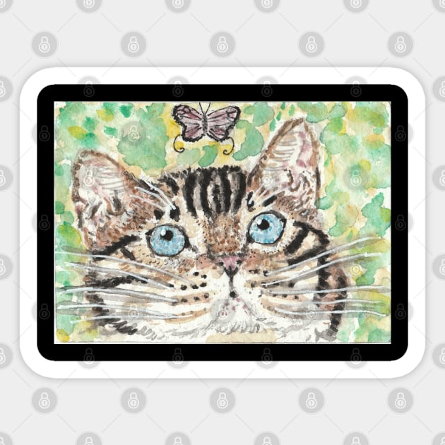 Bengal kitten and the butterfly watercolor painting Sticker by SamsArtworks